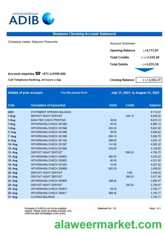 Abu Dhabi Islamic Bank company checking account statement Word and PDF template